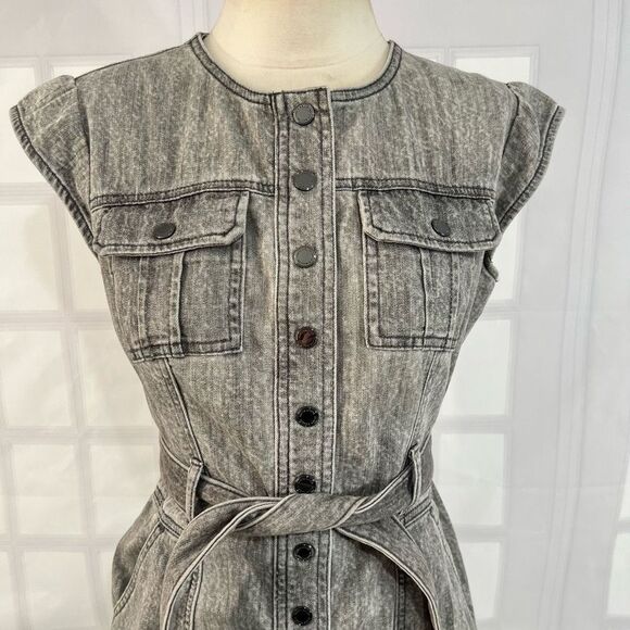 WHBM Women's Snap Button Front Gray Acid Wash Belted Denim Mini Dress Size 00 - Picture 2 of 10